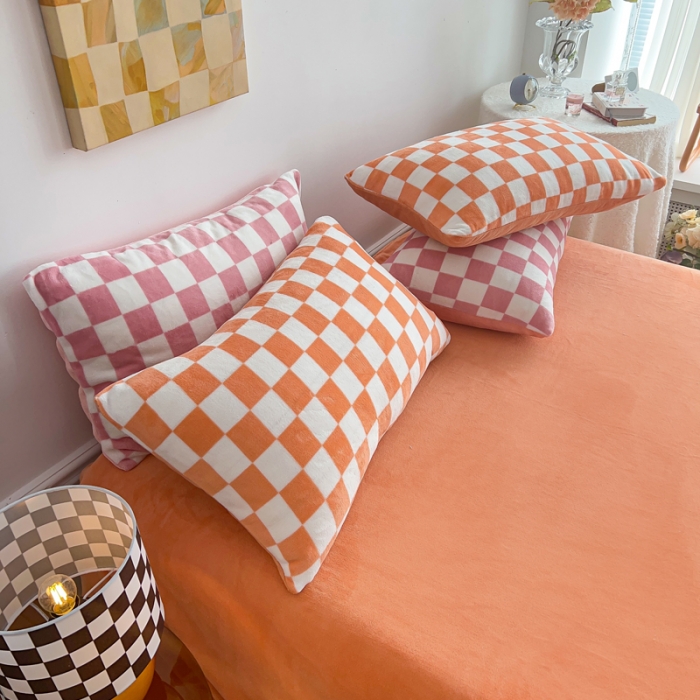 91家纺网 家纺一手货源 找家纺 金爱家 2023新款棋盘格牛奶绒四件套 棋盘格-桔