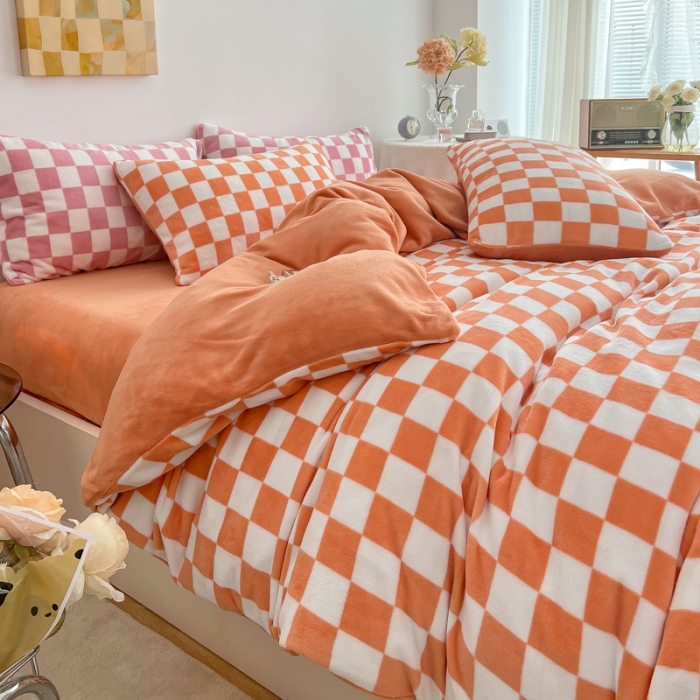 91家纺网 家纺一手货源 找家纺 金爱家 2023新款棋盘格牛奶绒四件套 棋盘格-桔