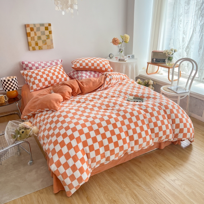 91家纺网 家纺一手货源 找家纺 金爱家 2023新款棋盘格牛奶绒四件套 棋盘格-桔