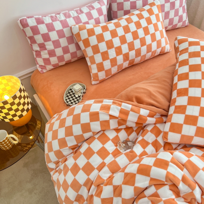 91家纺网 家纺一手货源 找家纺 金爱家 2023新款棋盘格牛奶绒四件套 棋盘格-桔