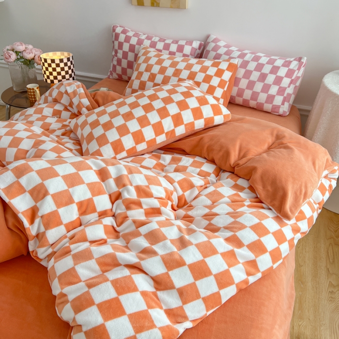 91家纺网 家纺一手货源 找家纺 金爱家 2023新款棋盘格牛奶绒四件套 棋盘格-桔