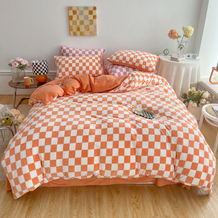 91家纺网 家纺一手货源 找家纺 金爱家 2023新款棋盘格牛奶绒四件套 棋盘格-桔