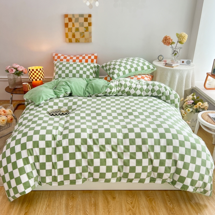 91家纺网 家纺一手货源 找家纺 金爱家 2023新款棋盘格牛奶绒四件套 棋盘格-绿