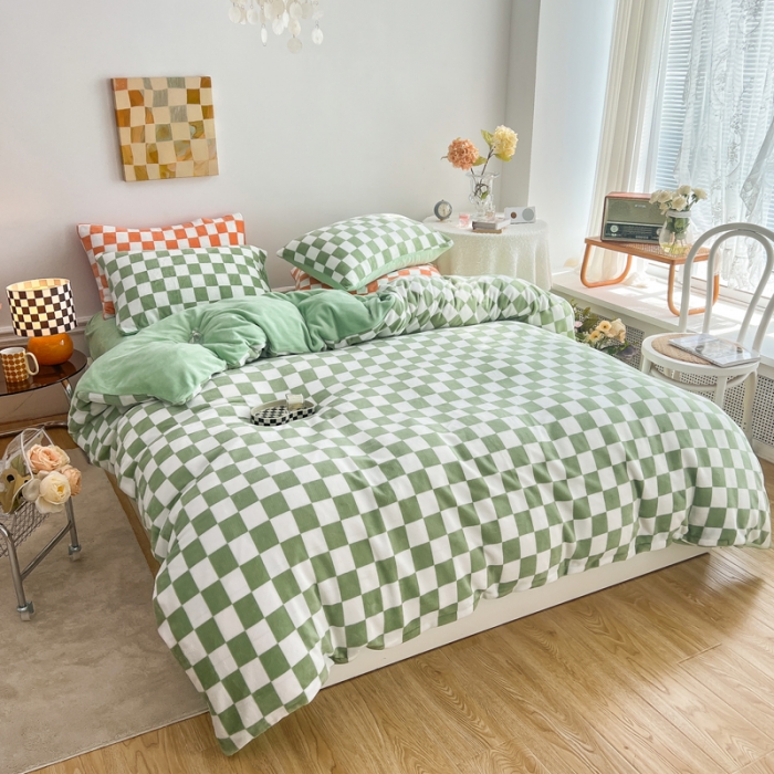 91家纺网 家纺一手货源 找家纺 金爱家 2023新款棋盘格牛奶绒四件套 棋盘格-绿
