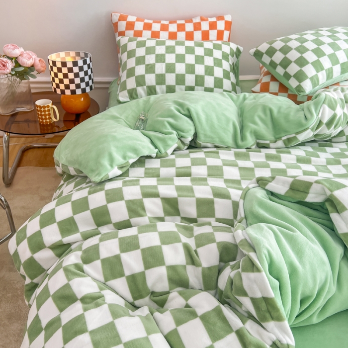 91家纺网 家纺一手货源 找家纺 金爱家 2023新款棋盘格牛奶绒四件套 棋盘格-绿