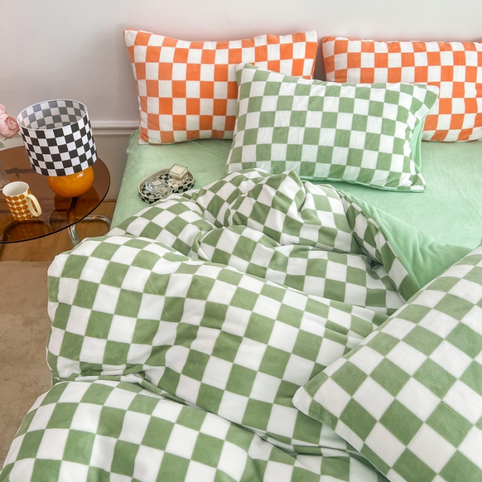 91家纺网 家纺一手货源 找家纺 金爱家 2023新款棋盘格牛奶绒四件套 棋盘格-绿