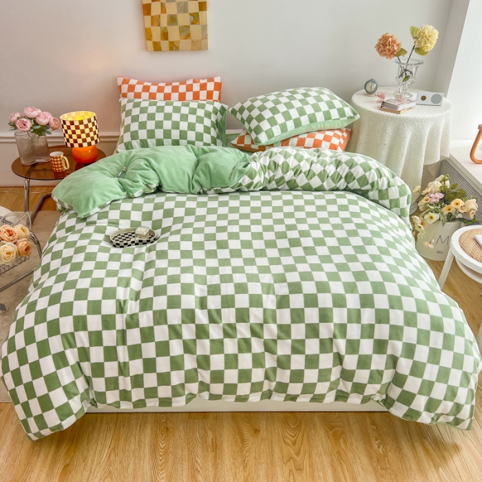 91家纺网 家纺一手货源 找家纺 金爱家 2023新款棋盘格牛奶绒四件套 棋盘格-绿