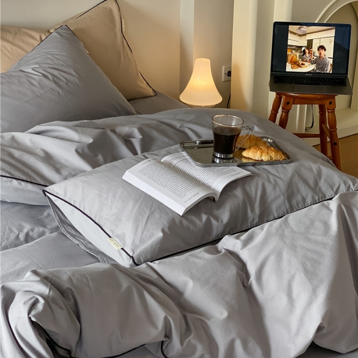 91家纺网 家纺一手货源 找家纺 棉眠 2022新款40S全棉水洗棉嵌线款四件套-晚安系列 晚安迷雾灰