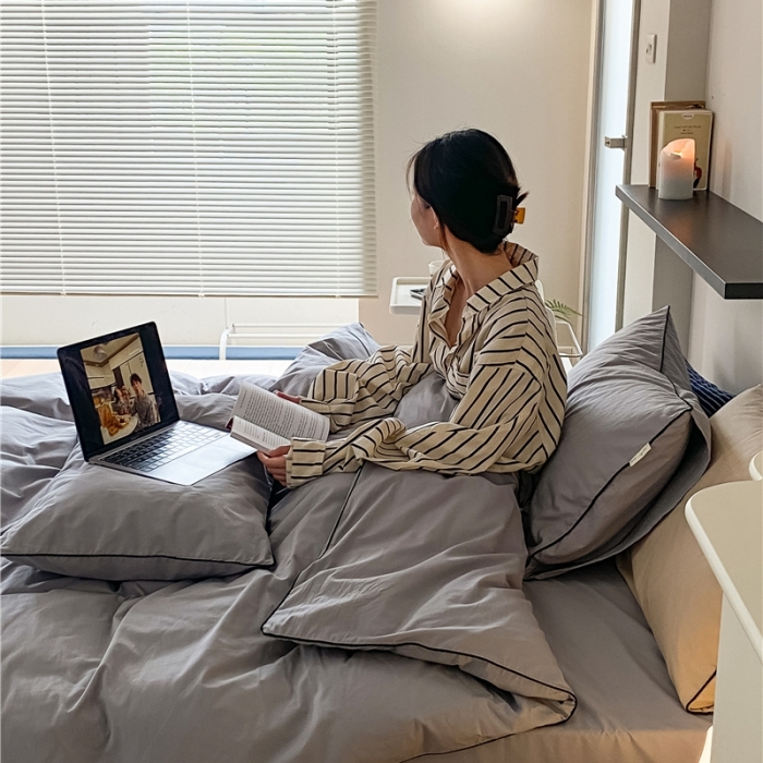 91家纺网 家纺一手货源 找家纺 棉眠 2022新款40S全棉水洗棉嵌线款四件套-晚安系列 晚安迷雾灰