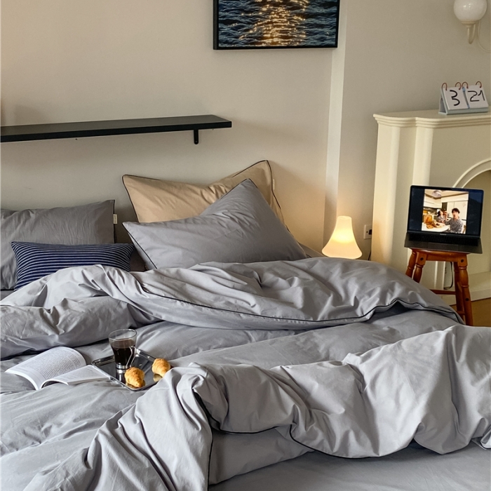 91家纺网 家纺一手货源 找家纺 棉眠 2022新款40S全棉水洗棉嵌线款四件套-晚安系列 晚安迷雾灰