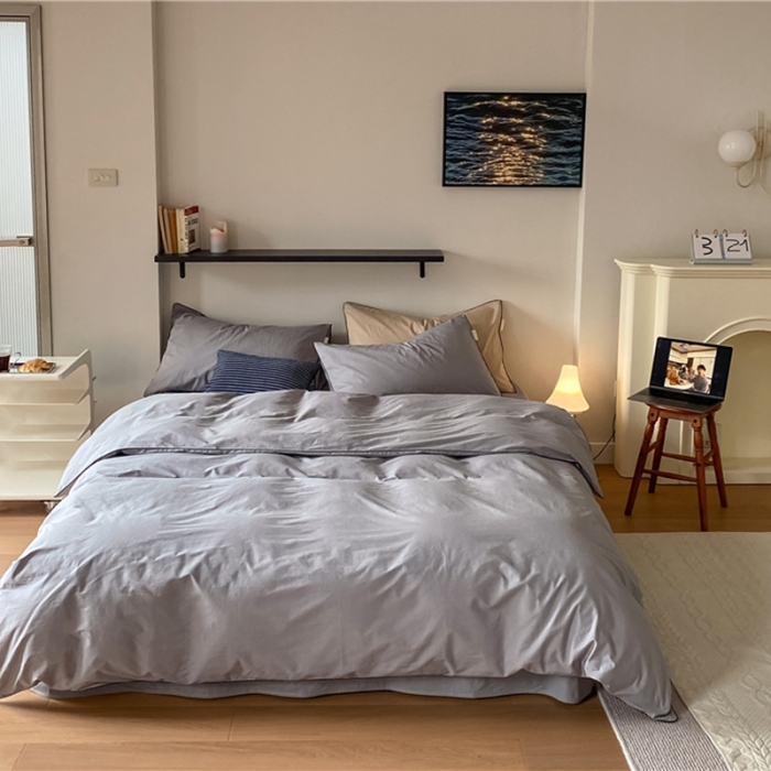 91家纺网 家纺一手货源 找家纺 棉眠 2022新款40S全棉水洗棉嵌线款四件套-晚安系列 晚安迷雾灰