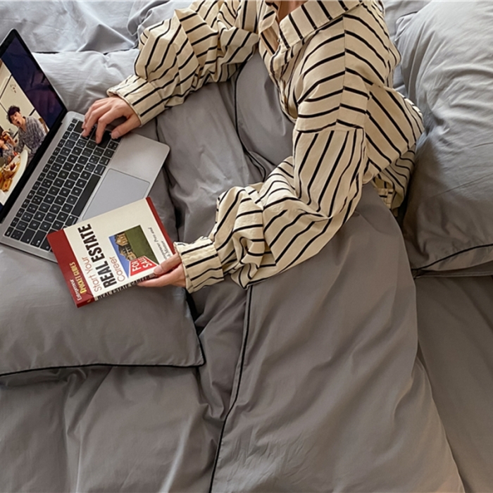 91家纺网 家纺一手货源 找家纺 棉眠 2022新款40S全棉水洗棉嵌线款四件套-晚安系列 晚安迷雾灰