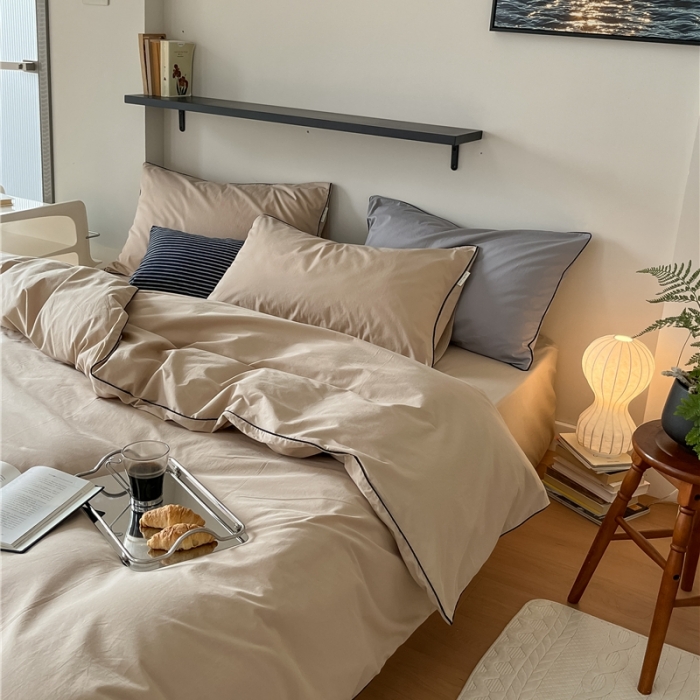 91家纺网 家纺一手货源 找家纺 棉眠 2022新款40S全棉水洗棉嵌线款四件套-晚安系列 晚安奶咖