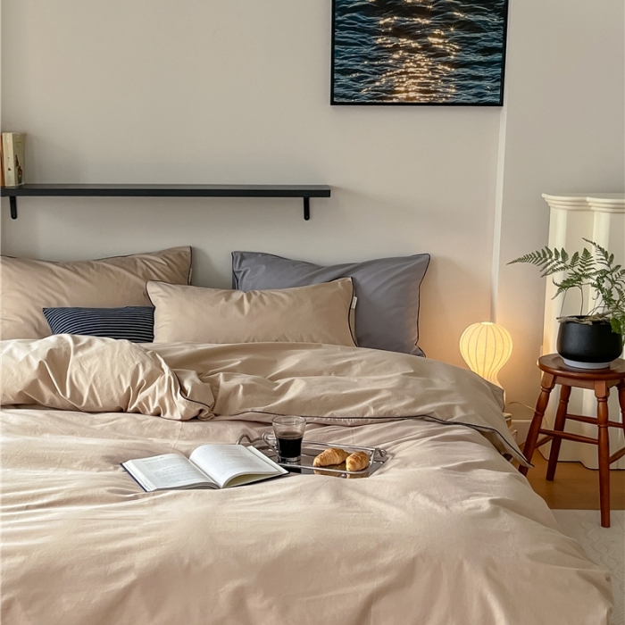 91家纺网 家纺一手货源 找家纺 棉眠 2022新款40S全棉水洗棉嵌线款四件套-晚安系列 晚安奶咖