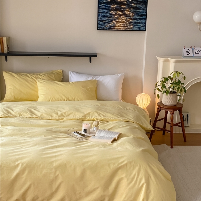 91家纺网 家纺一手货源 找家纺 棉眠 2022新款40S全棉水洗棉嵌线款四件套-晚安系列 晚安柠檬黄