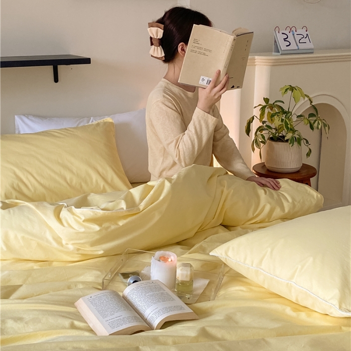 91家纺网 家纺一手货源 找家纺 棉眠 2022新款40S全棉水洗棉嵌线款四件套-晚安系列 晚安柠檬黄