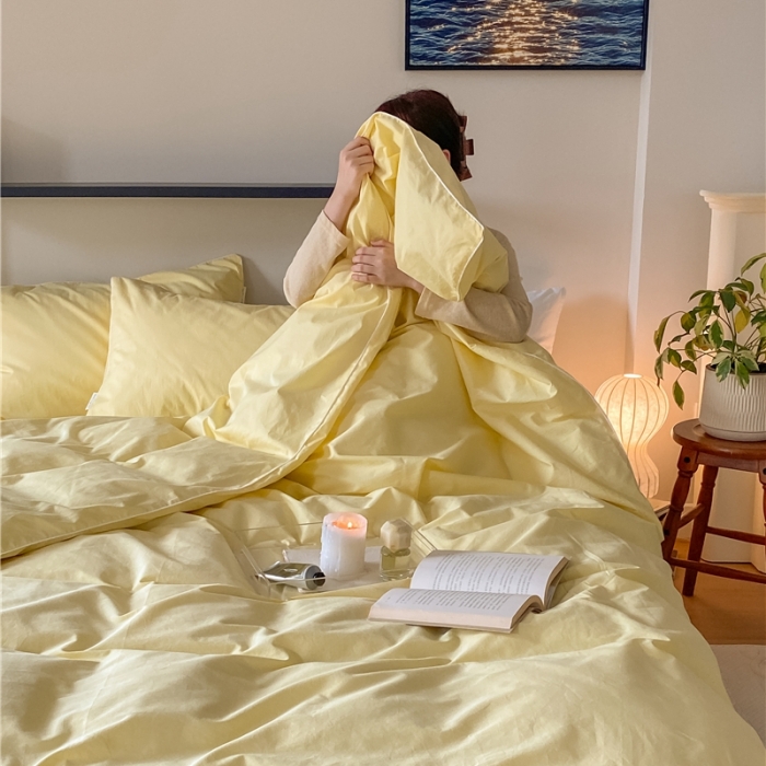 91家纺网 家纺一手货源 找家纺 棉眠 2022新款40S全棉水洗棉嵌线款四件套-晚安系列 晚安柠檬黄