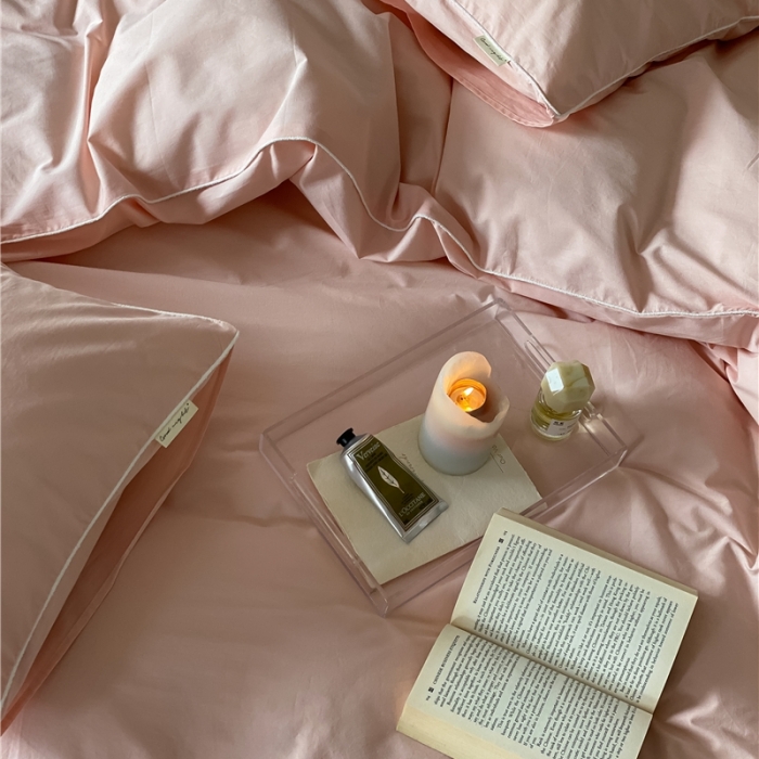 91家纺网 家纺一手货源 找家纺 棉眠 2022新款40S全棉水洗棉嵌线款四件套-晚安系列浅粉