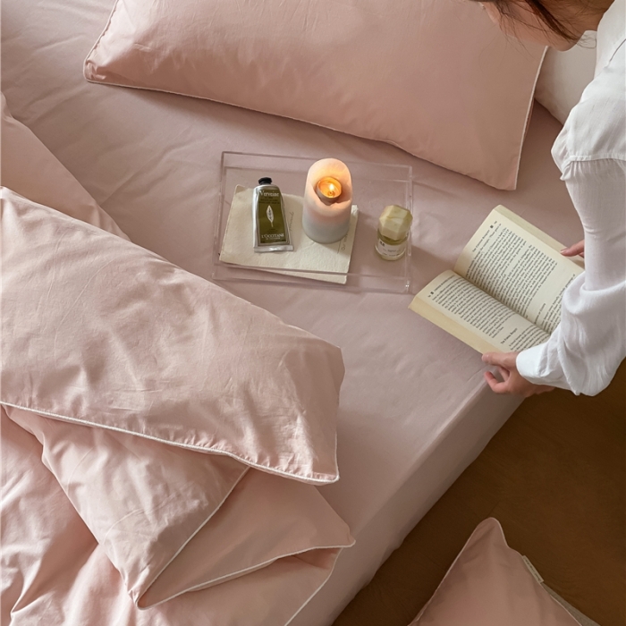 91家纺网 家纺一手货源 找家纺 棉眠 2022新款40S全棉水洗棉嵌线款四件套-晚安系列浅粉