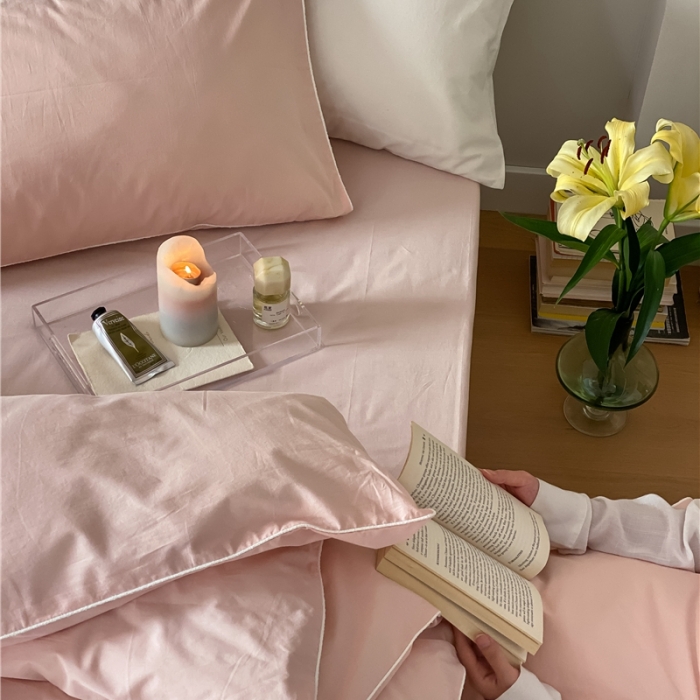 91家纺网 家纺一手货源 找家纺 棉眠 2022新款40S全棉水洗棉嵌线款四件套-晚安系列浅粉