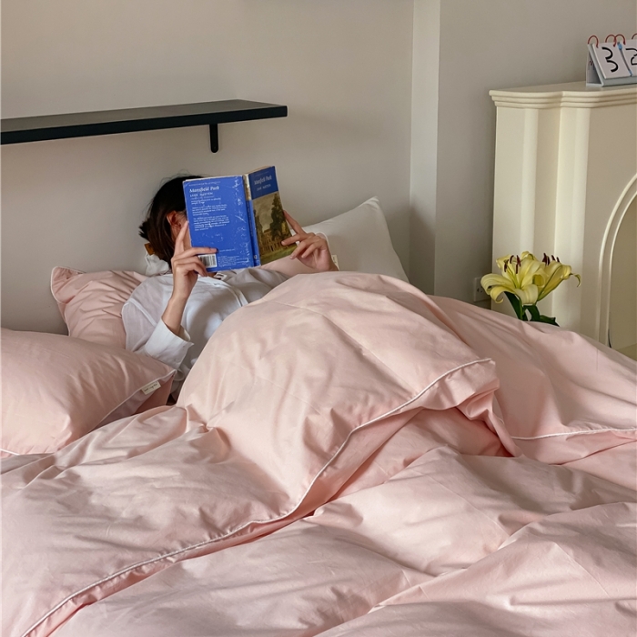 91家纺网 家纺一手货源 找家纺 棉眠 2022新款40S全棉水洗棉嵌线款四件套-晚安系列浅粉