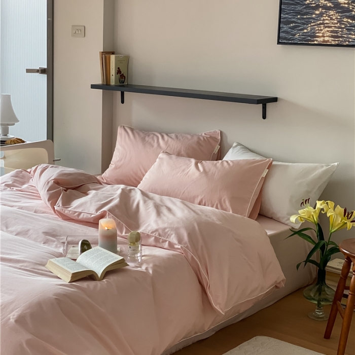 91家纺网 家纺一手货源 找家纺 棉眠 2022新款40S全棉水洗棉嵌线款四件套-晚安系列浅粉