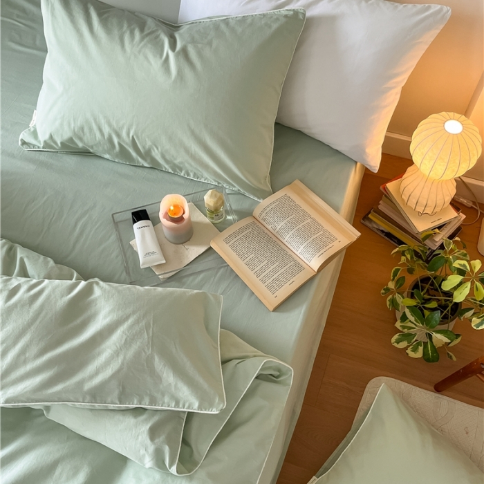 91家纺网 家纺一手货源 找家纺 棉眠 2022新款40S全棉水洗棉嵌线款四件套-晚安系列浅绿