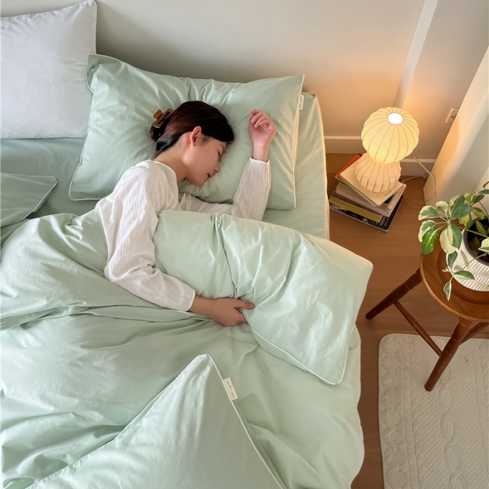 91家纺网 家纺一手货源 找家纺 棉眠 2022新款40S全棉水洗棉嵌线款四件套-晚安系列浅绿