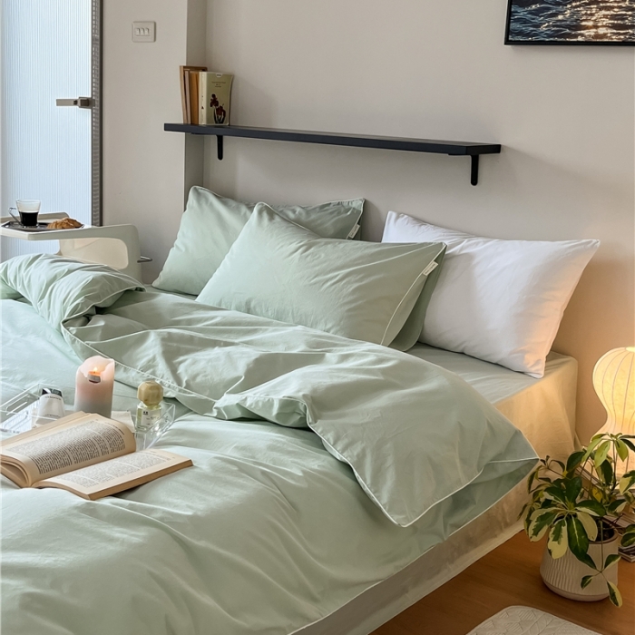 91家纺网 家纺一手货源 找家纺 棉眠 2022新款40S全棉水洗棉嵌线款四件套-晚安系列浅绿