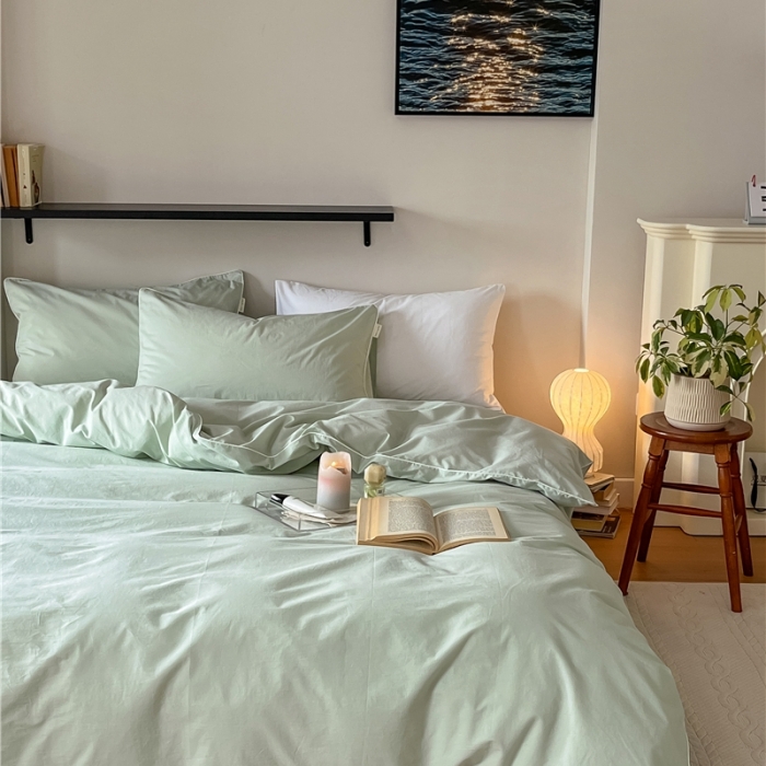 91家纺网 家纺一手货源 找家纺 棉眠 2022新款40S全棉水洗棉嵌线款四件套-晚安系列浅绿