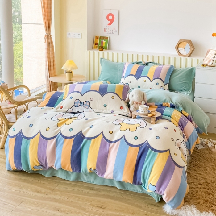 91家纺网 家纺一手货源 找家纺 呗旺鹿2022高克重ykk拉链印花小清新牛奶绒四件套法莱绒直播彩虹兔