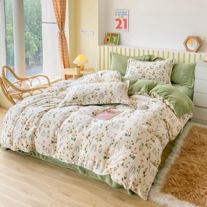 91家纺网 家纺一手货源 找家纺 呗旺鹿 2022年印花小清新加厚保暖牛奶绒四件套直播 百草香