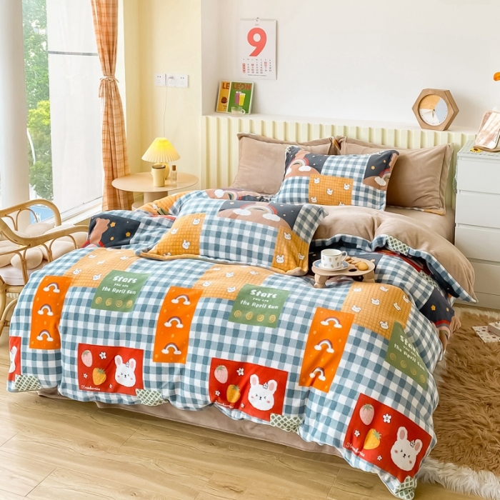 91家纺网 家纺一手货源 找家纺 呗旺鹿 2022年印花小清新加厚保暖牛奶绒四件套直播 缤纷熊