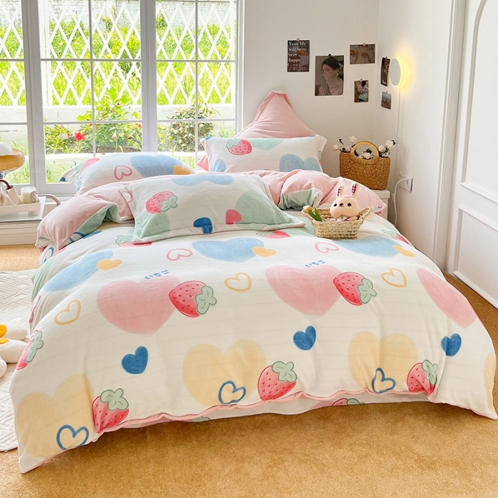 91家纺网 家纺一手货源 找家纺 呗旺鹿 2022印花小清新加厚保暖牛奶绒四件套直播 莓莓相印