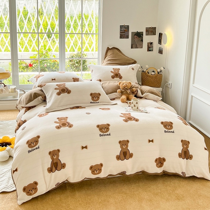 91家纺网 家纺一手货源 找家纺 呗旺鹿 2022年印花小清新加厚保暖牛奶绒四件套直播 淘气熊