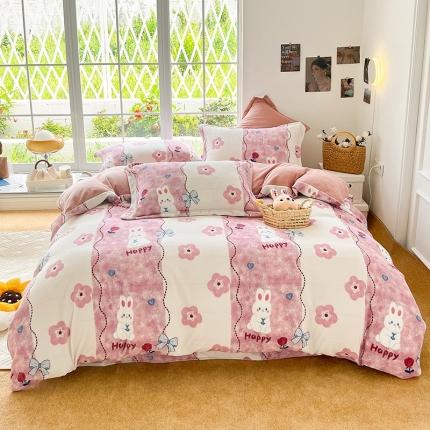 呗旺鹿 2022年印花小清新加厚保暖牛奶绒四件套直播 兔宝宝