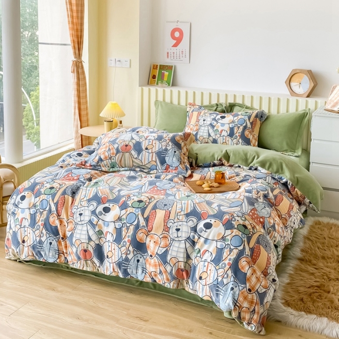 91家纺网 家纺一手货源 找家纺 呗旺鹿 2022年印花小清新加厚保暖牛奶绒四件套直播 玩具熊