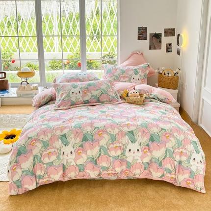 呗旺鹿 2022年印花小清新加厚保暖牛奶绒四件套直播心悦花海