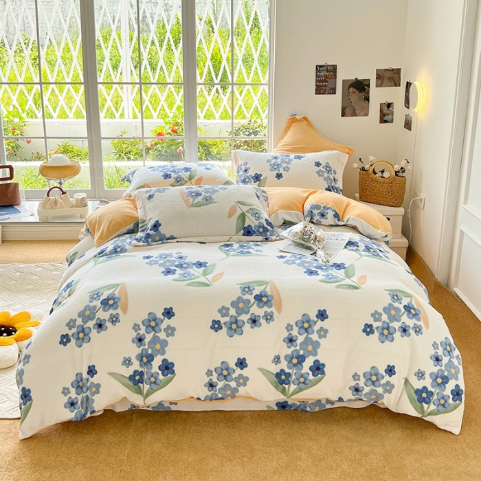 91家纺网 家纺一手货源 找家纺 呗旺鹿 2022年印花小清新加厚保暖牛奶绒四件套直播 爱丽丝