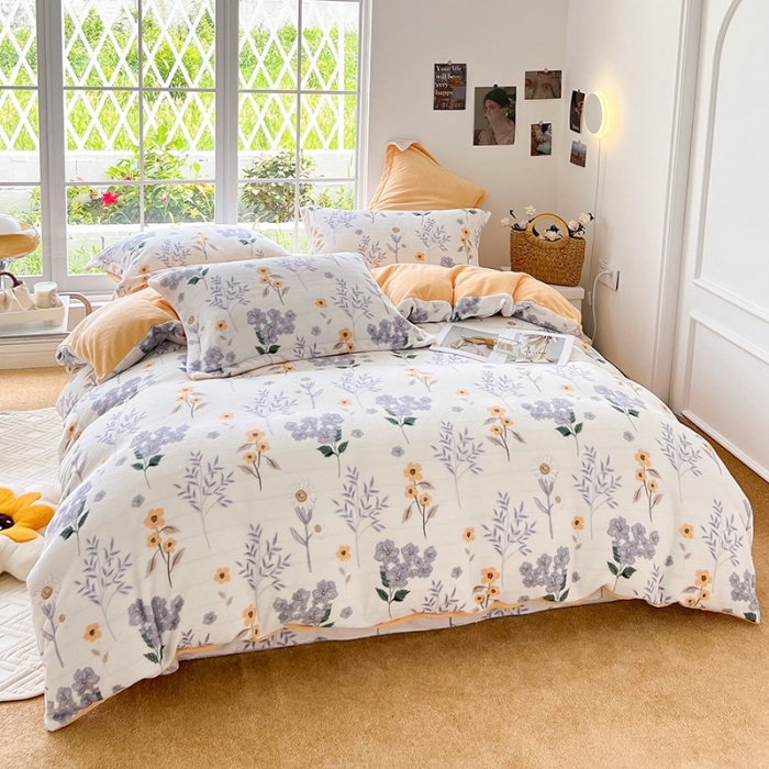 91家纺网 家纺一手货源 找家纺 呗旺鹿 2022印花小清新加厚保暖牛奶绒四件套直播 花影暗香