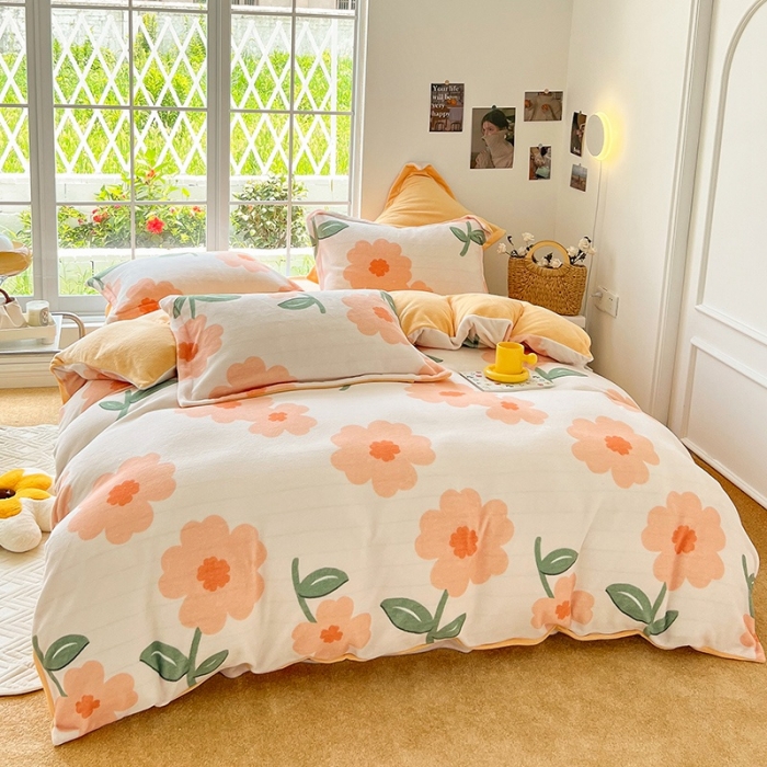 91家纺网 家纺一手货源 找家纺 呗旺鹿 2022年印花小清新加厚保暖牛奶绒四件套直播 花语