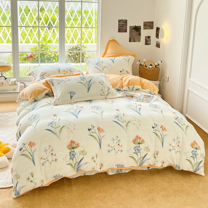 91家纺网 家纺一手货源 找家纺 呗旺鹿 2022印花小清新加厚保暖牛奶绒四件套直播 花语仙踪