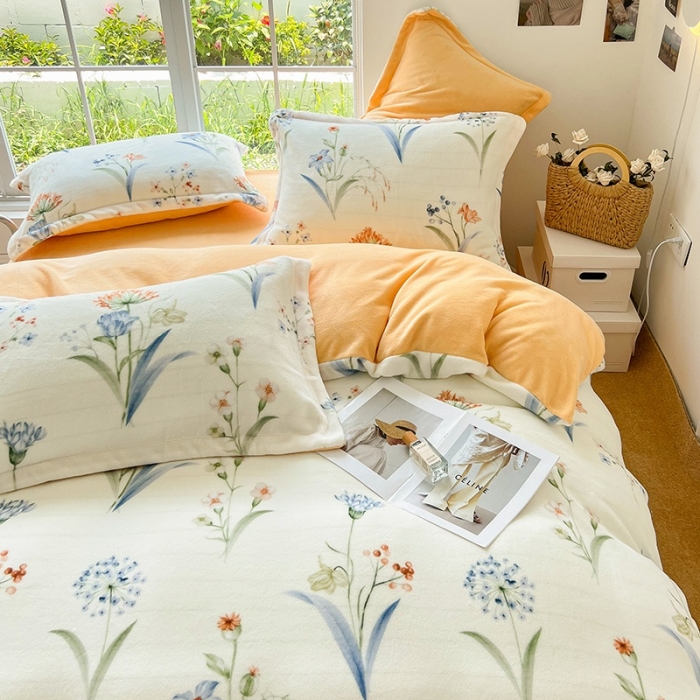 91家纺网 家纺一手货源 找家纺 呗旺鹿 2022印花小清新加厚保暖牛奶绒四件套直播 花语仙踪