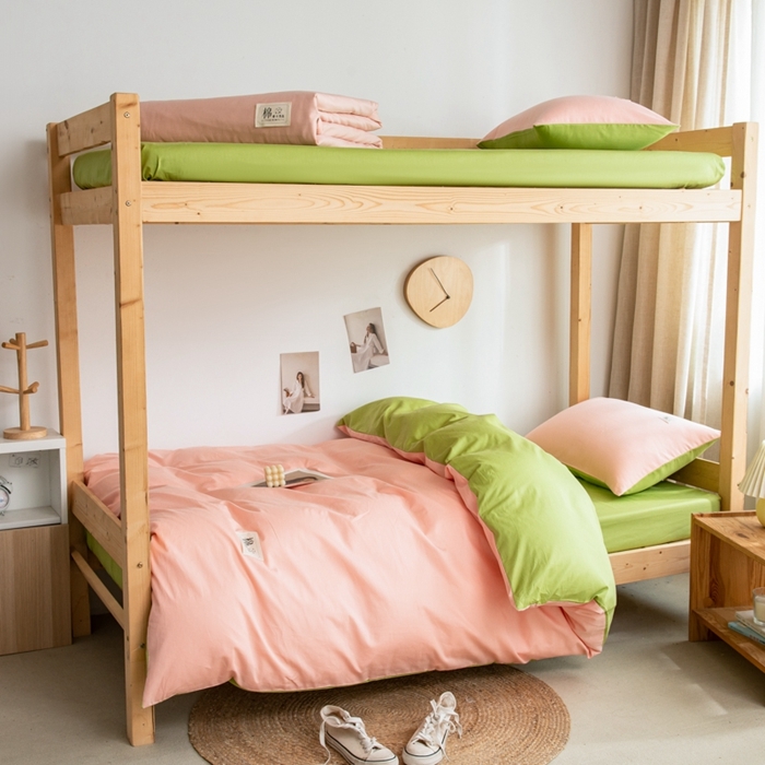 91家纺网 家纺一手货源 找家纺 杜先生 2023新款全棉学生宿舍上下铺色拼系列三件套 初恋粉-果绿