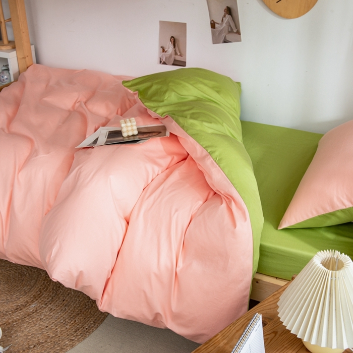 91家纺网 家纺一手货源 找家纺 杜先生 2023新款全棉学生宿舍上下铺色拼系列三件套 初恋粉-果绿