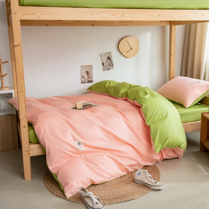 91家纺网 家纺一手货源 找家纺 杜先生 2023新款全棉学生宿舍上下铺色拼系列三件套 初恋粉-果绿