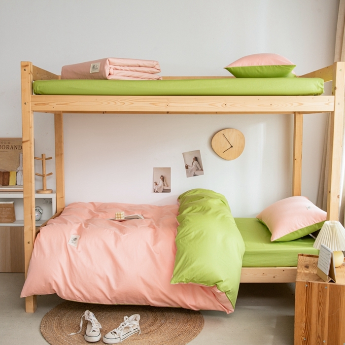 91家纺网 家纺一手货源 找家纺 杜先生 2023新款全棉学生宿舍上下铺色拼系列三件套 初恋粉-果绿