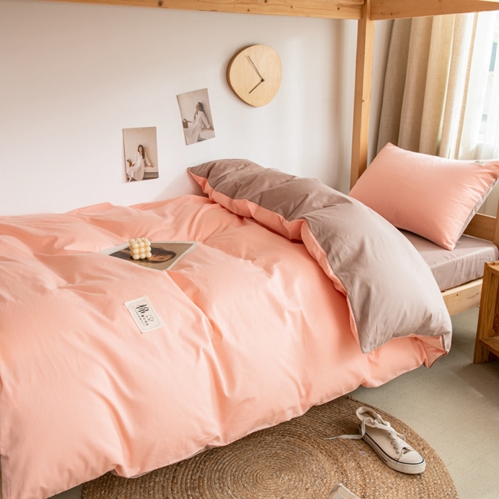 91家纺网 家纺一手货源 找家纺 杜先生 全棉学生宿舍上下铺色拼系列三件套 初恋粉-卡其