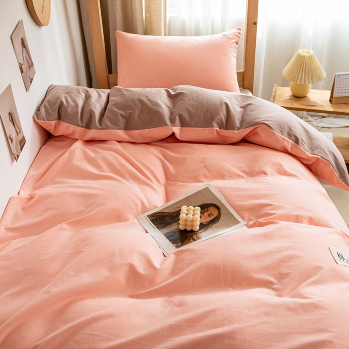 91家纺网 家纺一手货源 找家纺 杜先生 全棉学生宿舍上下铺色拼系列三件套 初恋粉-卡其