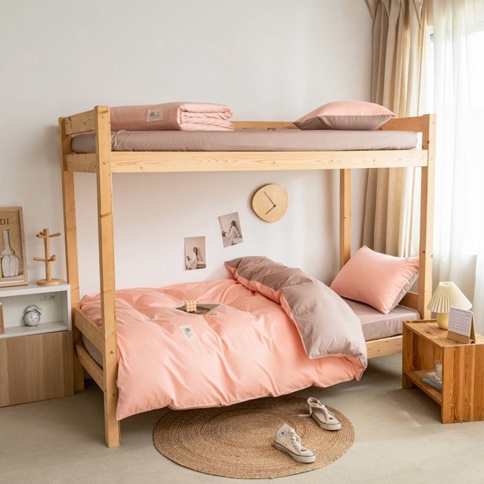 91家纺网 家纺一手货源 找家纺 杜先生 全棉学生宿舍上下铺色拼系列三件套 初恋粉-卡其